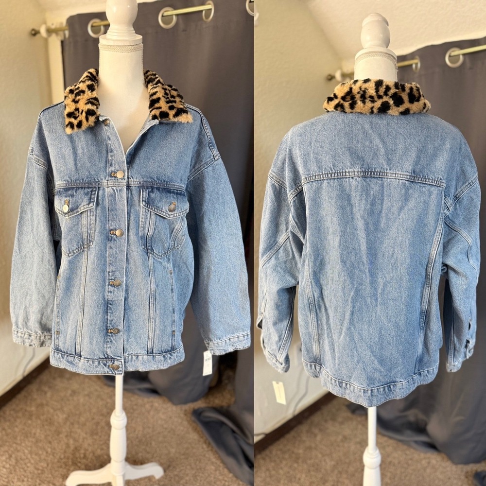 NWT Pilcro The Weston Denim Boyfriend Jacket Womens Large Leopard Collar Edition - Picture 2 of 15